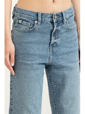 Taş İşlemeli Yüksek Bel Jean