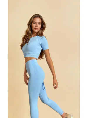 Dikişsiz Kısa Kollu Crop Top ve Tayt Spor Takımı Mavi