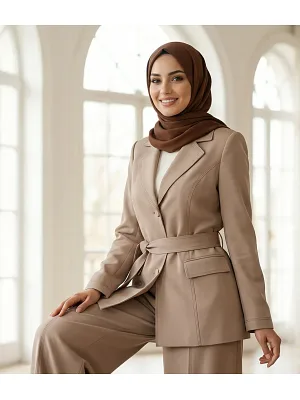 Vizon Kruvaze Kemerli Blazer Ceket Pantolon Takım